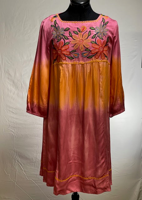 CF42-44 PINK/ORANGE FLORAL STITCH DRESS-S