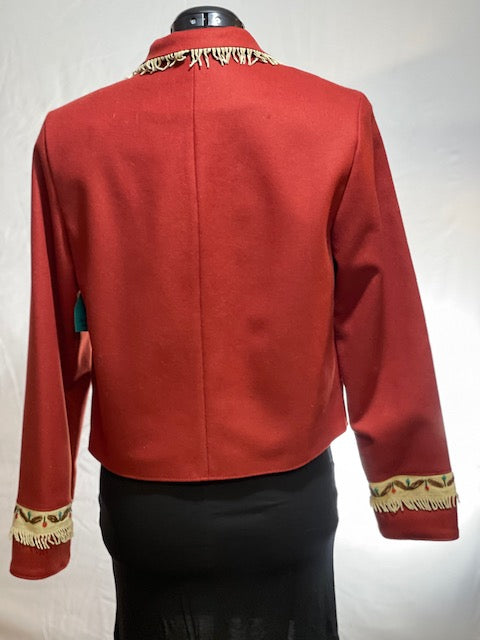 CF46-71 RED WOOL JKT W/FRINGE ON COLLAR & BEADS-SM