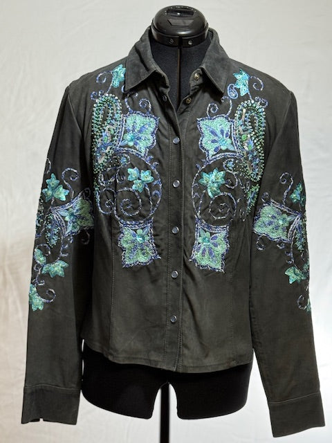CF42-17 OLIVE SUEDE JKT W/GREEN, BLUE FLORAL -S