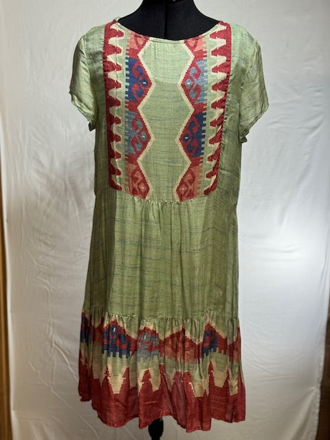 CF42-20 SUMMER DRESS W/GREEN RED AZTEC-S