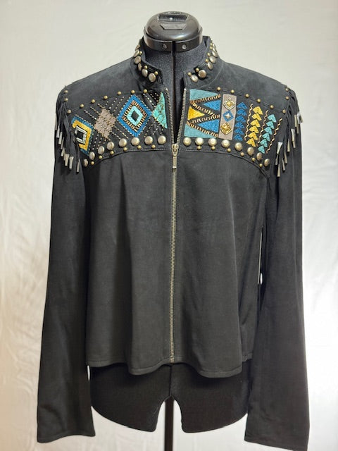 CF42-26 BLK SUEDE JKT W/STITCH, STUDS, LONG FRINGE-S
