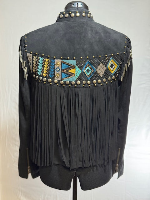 CF42-26 BLK SUEDE JKT W/STITCH, STUDS, LONG FRINGE-S