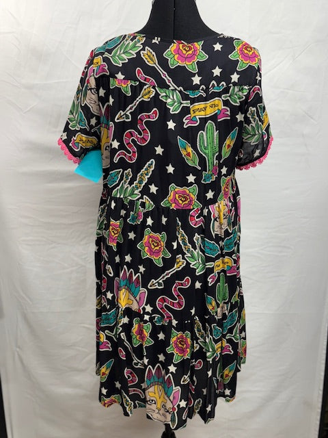 CF49-10 SUN DRESS W/CATS,SNAKES,ROSES-S