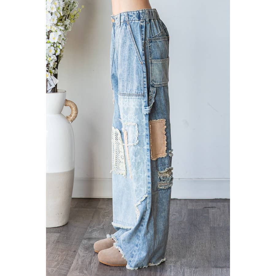 WASHED MULTI PATCHWORK FRAYED HEM DENIM JEANS