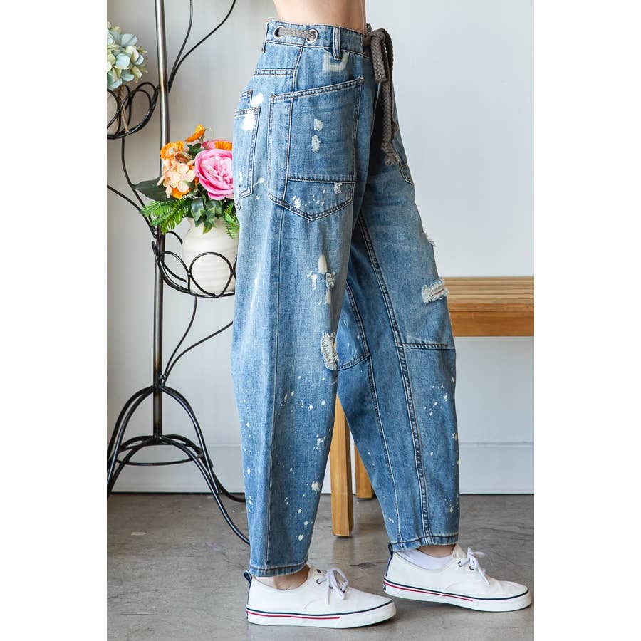 WASHED DRAWSTRING WAIST DISTRESSED DENIM JEANS