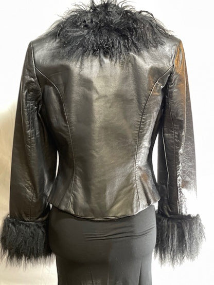 CF46-65 BLACK LEATHER JACKET WITH MONGOLIAM LAMB COLLAR, SIZE SMALL