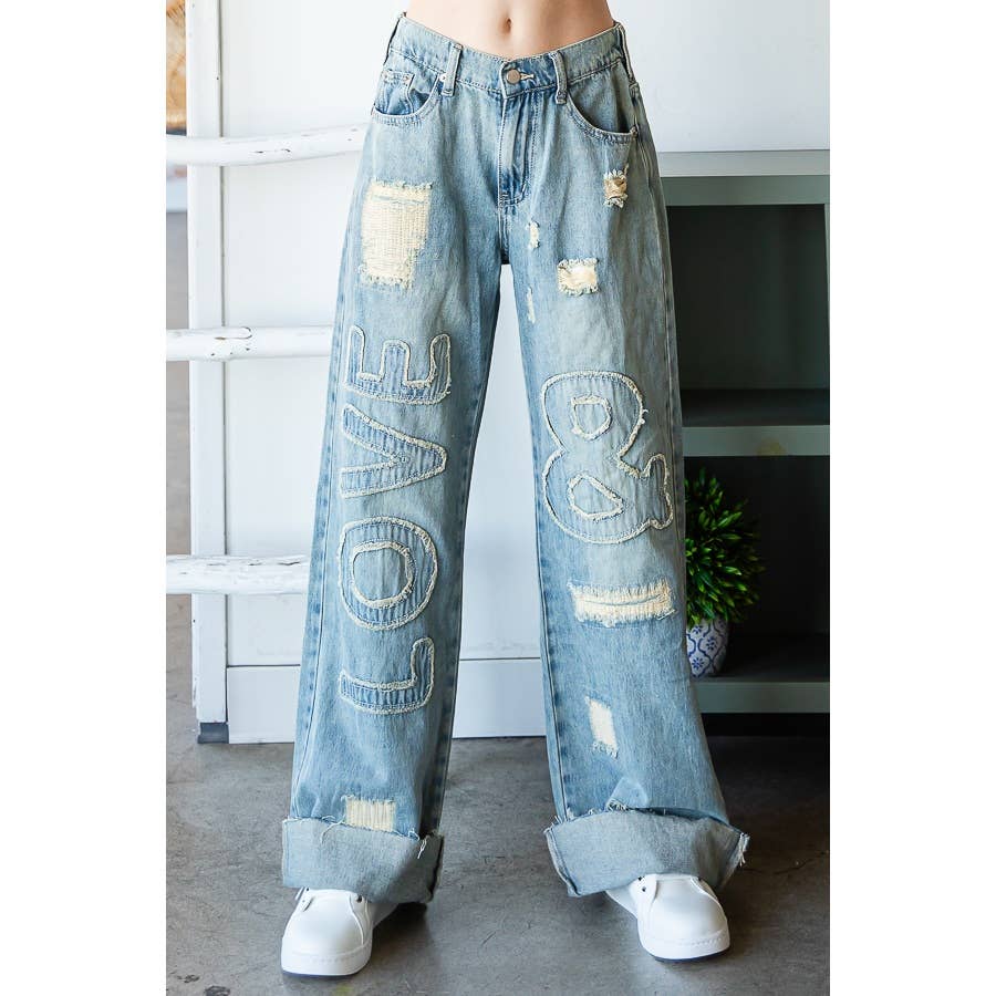 WASHED LOVE LETTER PATCHED DENIM JEANS