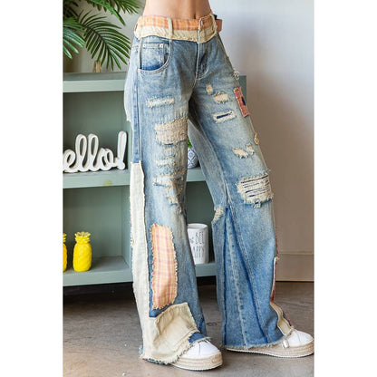 PATCH DETAIL WIDE STRAIGHT DENIM PANTS