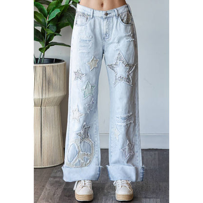 WASHED STAR PATCHWORK DETAIL DENIM JEANS