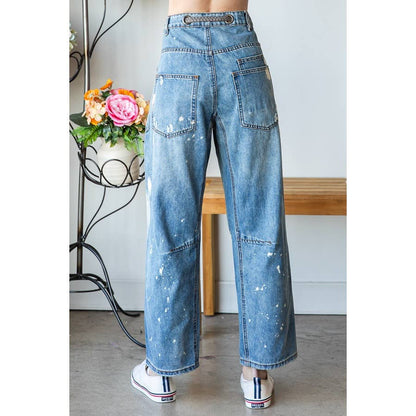 WASHED DRAWSTRING WAIST DISTRESSED DENIM JEANS