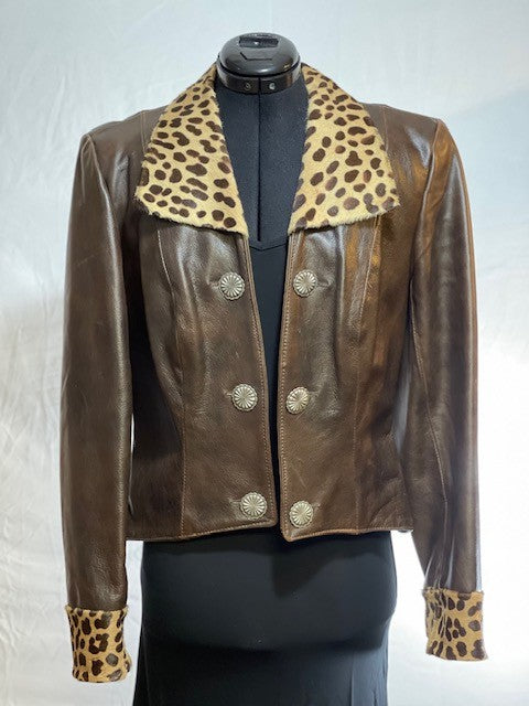 CF46-84 DARK BROWN JACKET WITH LEOPARD COLLAR MEDIUM