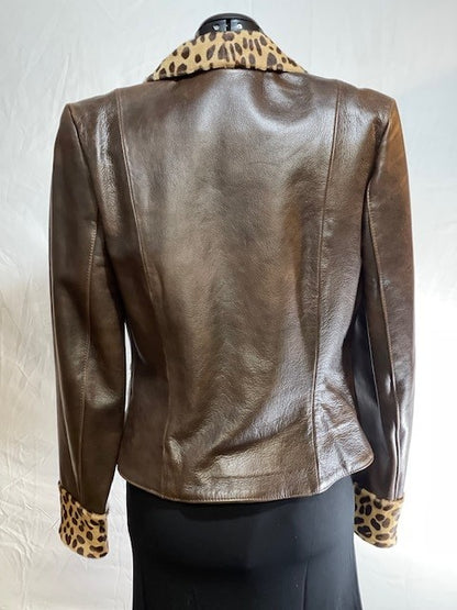 CF46-84 DARK BROWN JACKET WITH LEOPARD COLLAR MEDIUM