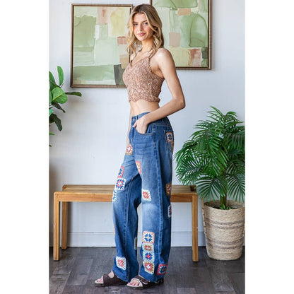 WASHED SQUARE CROCHET PATCHWORK DENIM JEANS