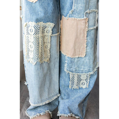 WASHED MULTI PATCHWORK FRAYED HEM DENIM JEANS