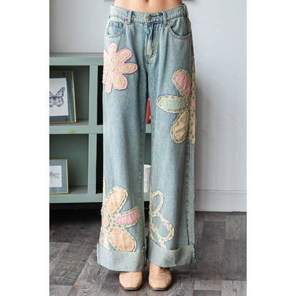 WASHED FLOWER PATCHWORK STRAIGHT DENIM JEANS