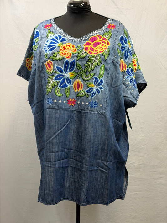 CF105-104 DENIM/FLORAL TUNIC 1X