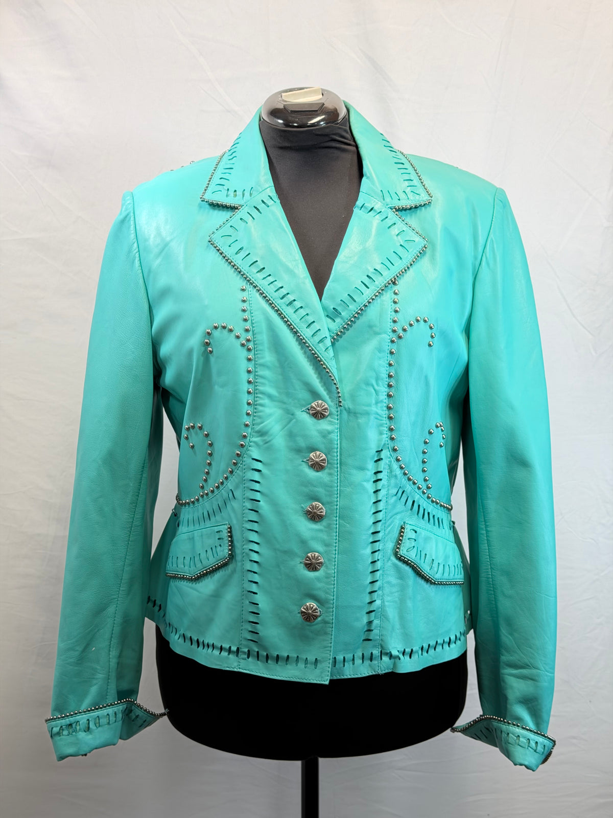 CF109-42 TURQ CUTOUT LEATHER JACKET XL