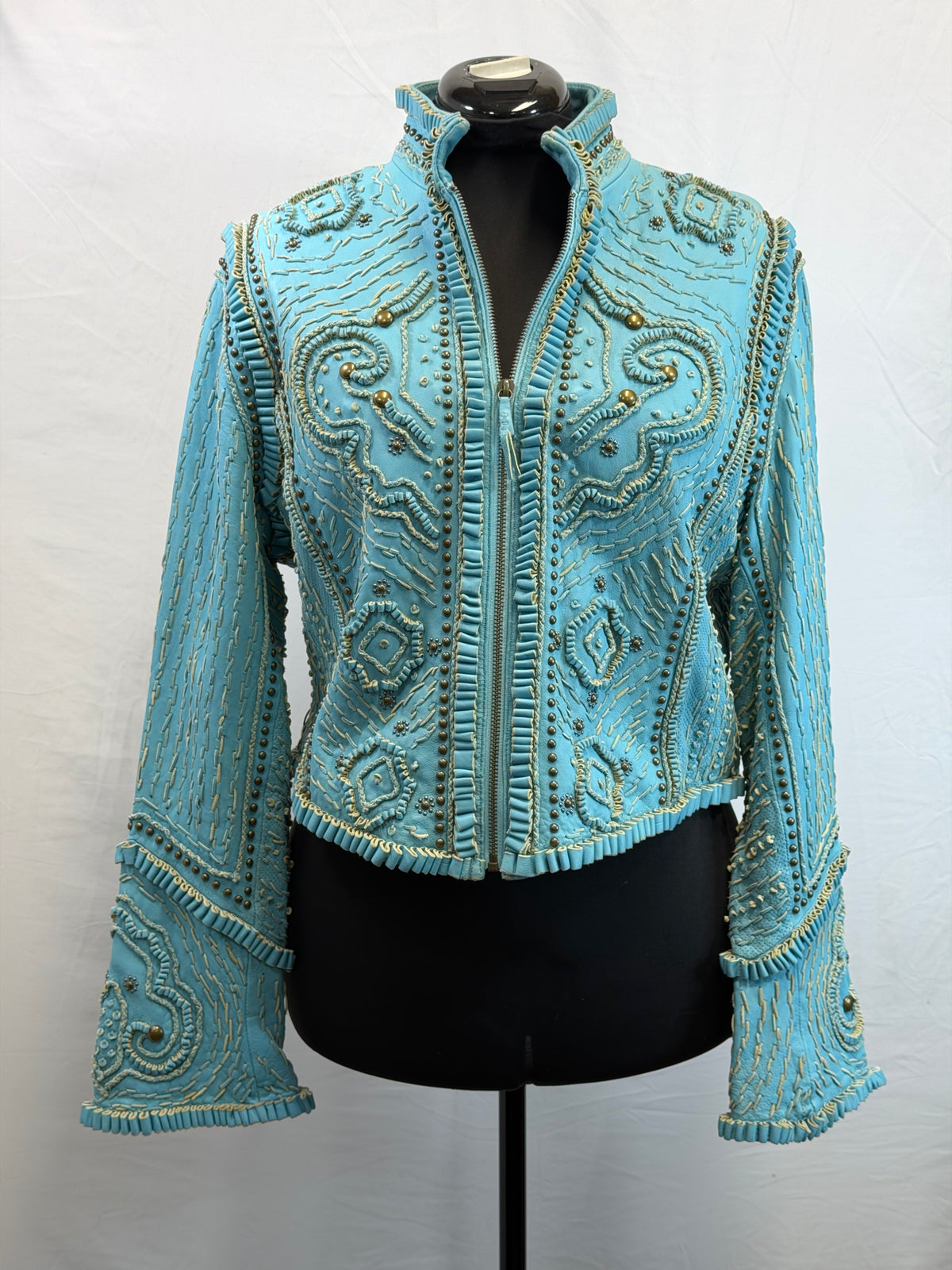 CF109-34 TURQ LEATHER RIBBON JACKET XL
