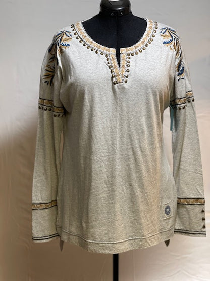 CF38-18 GREY TOP W/GOLD & BLUE STITCH, STUDS-L