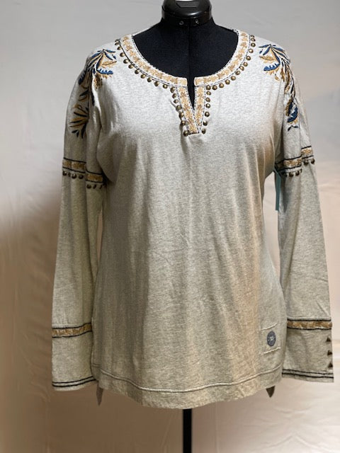 CF38-18 GREY TOP W/GOLD & BLUE STITCH, STUDS-L