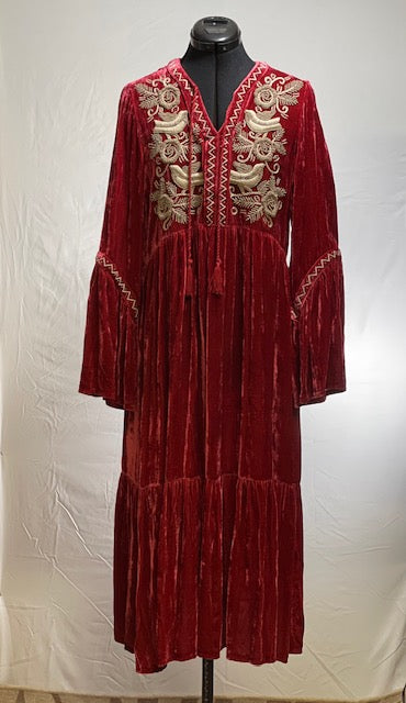 CF42-72 RED VELVET DRESS W/IVORY STITCH & BEAD-S