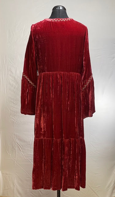 CF42-72 RED VELVET DRESS W/IVORY STITCH & BEAD-S