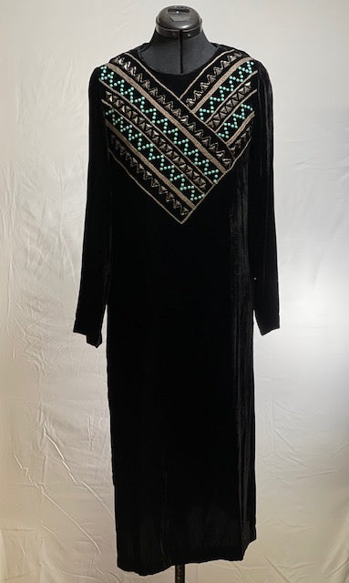 CF42-71 BLK VELVET DRESS W STUDS & TURQ BEADS-S