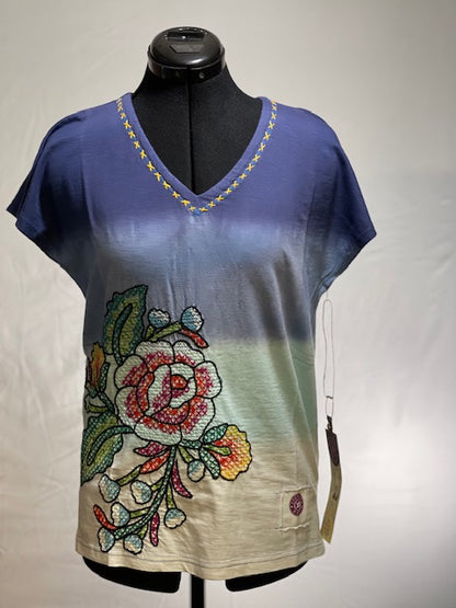 CF42-60 DIP DYED TEE W/FLORAL STITCH-S