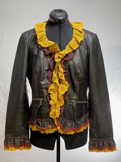 CF42-57 BLK LEATHER JKT W/GOLD RUFFLE-M