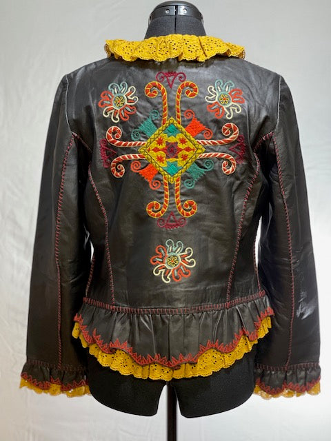 CF42-57 BLK LEATHER JKT W/GOLD RUFFLE-M
