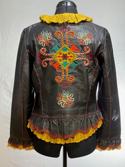CF42-57 BLK LEATHER JKT W/GOLD RUFFLE-M