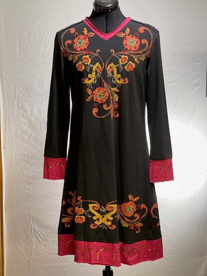 CF42-55 BLK DRESS W/ORANGE & YELLOW FLORAL-S