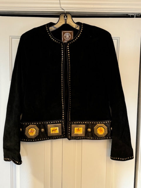 CF19-7 BLACK LEATHER JKT W/FRAMED COWBOY INDIANS-S