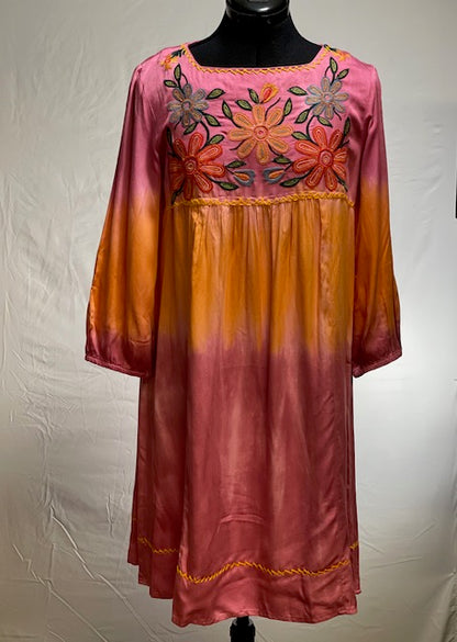 CF42-44 PINK/ORANGE FLORAL STITCH DRESS-S