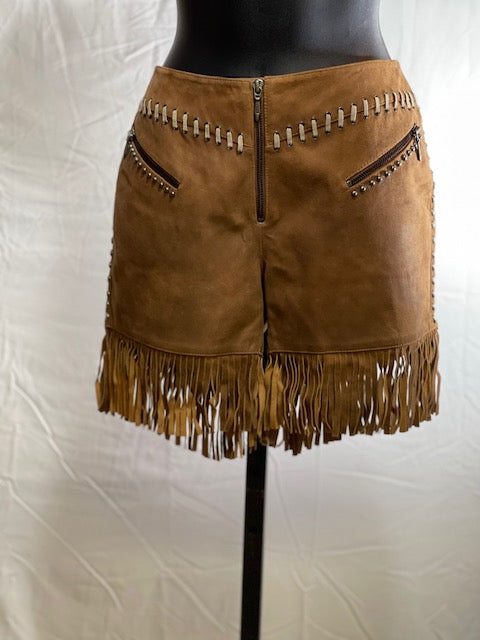 CF42-28 BRN SUEDE SHORT-#8 BOOT STITCH & FRINGE
