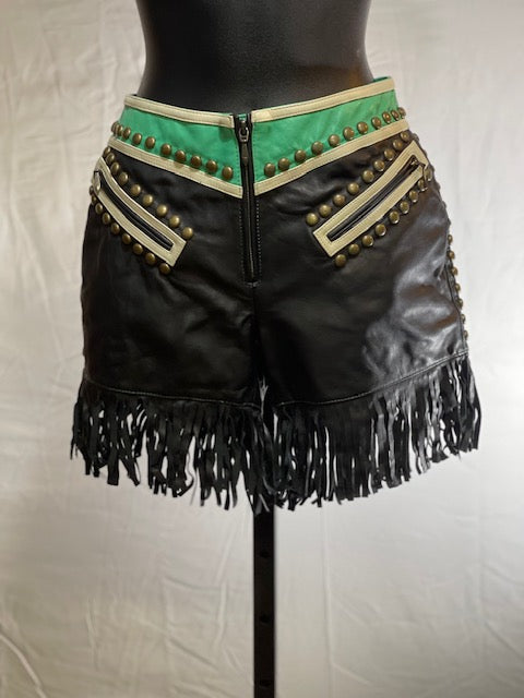 CF42-32 BLK/GREEN/FRINGE LEATHER SHORTS-6