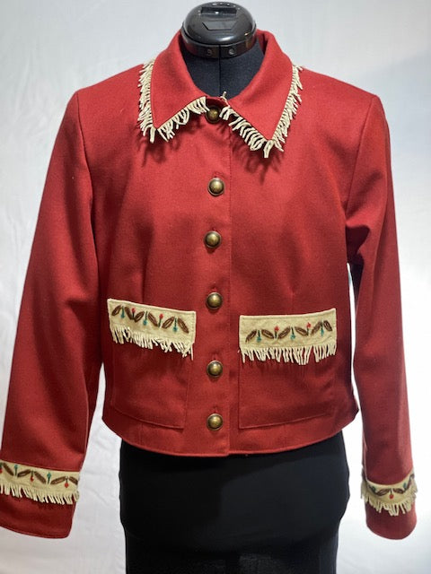 CF46-71 RED WOOL JKT W/FRINGE ON COLLAR & BEADS-SM