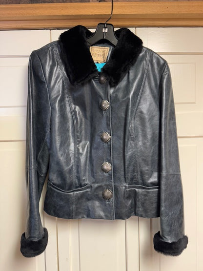 CF14-35 BLK LEATHER JKT W/FUR COLLAR-LARGE