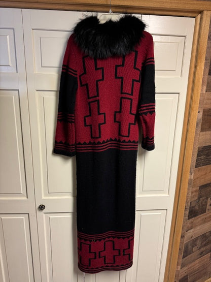 CF27-6 RED/BLACK KNIT DUSTER W/FUR-XS