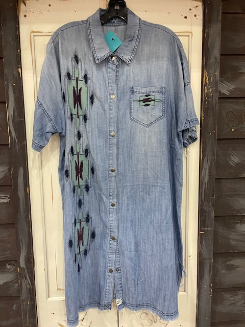 CF33-16 CHAMBRAY DRESS W/AZTEC -LRG