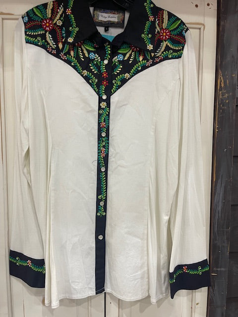CF33-23 WHITE BLOUSE W/FLORAL ON BLK PIPING-XL