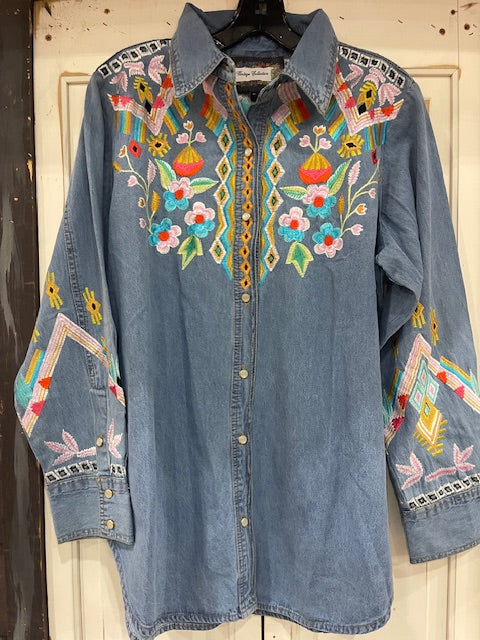 CF33-28 DENIM TUNIC FLORAL STITCHING XL