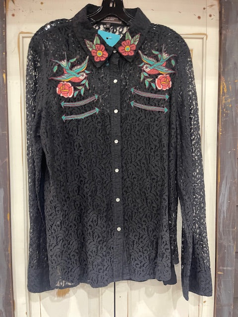 CF33-24 BLK LACE WORKSHIRT W/ROSE & BIRDS-XL