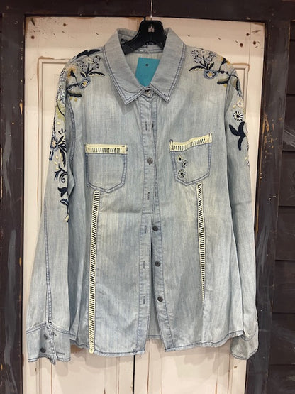 CF33-41 DENIM WORKSHIRT W/FLORAL SHOULDERS-XL