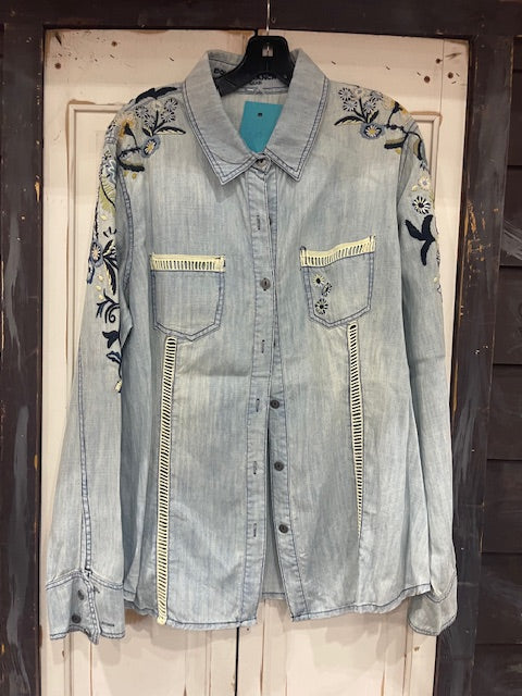 CF33-41 DENIM WORKSHIRT W/FLORAL SHOULDERS-XL