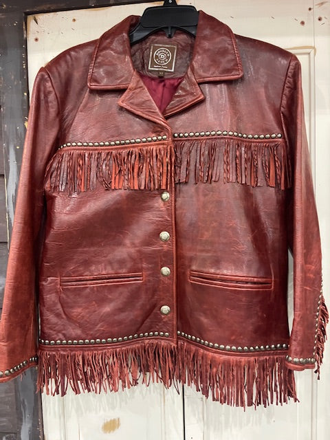 CF35-9 DISTRESSED RED LEATHER JKT W/FRINGE-XS