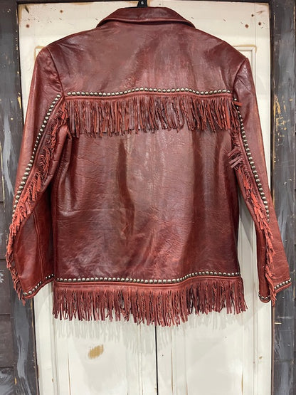 CF35-9 DISTRESSED RED LEATHER JKT W/FRINGE-XS