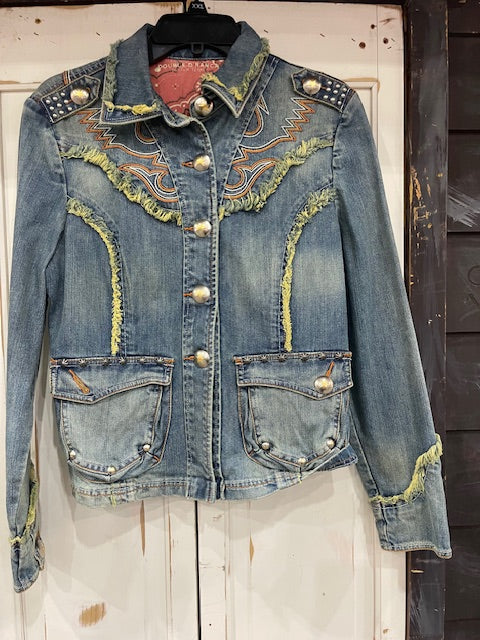 CF35-16 BOHO JEAN JKT W/FRINGE & STITCH-SM