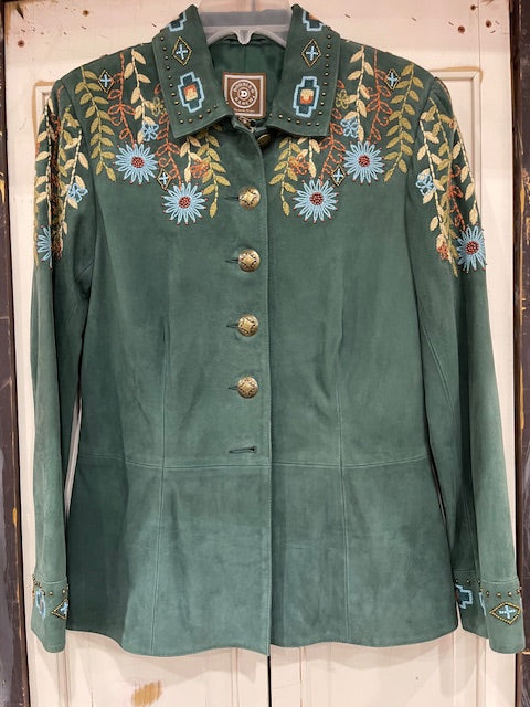 CF19-14 GRN SUEDE JKT W/FLORAL STITCH SHOULDERS-SM