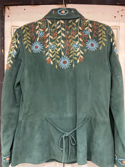 CF19-14 GRN SUEDE JKT W/FLORAL STITCH SHOULDERS-SM